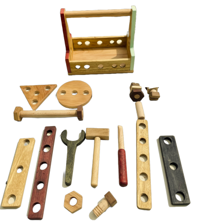 A wooden tool set with various tools and a carrying box, ideal for children's play.