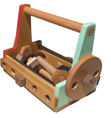 Colourful wooden toolbox with various tools inside.