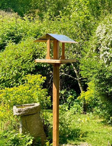 Wooden bird feeder on a post surrounded by lush greenery and plants.