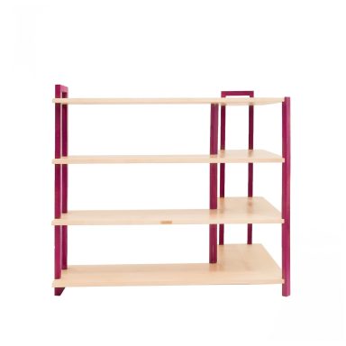 Wooden shelf with four spacious tiers and vibrant pink supports.
