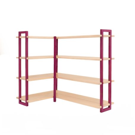 A modern, wooden shelving unit with purple supports and multiple shelves.